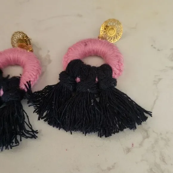 Handmade tassel hoops earrings macrame stainless steel new - Picture 4 of 9